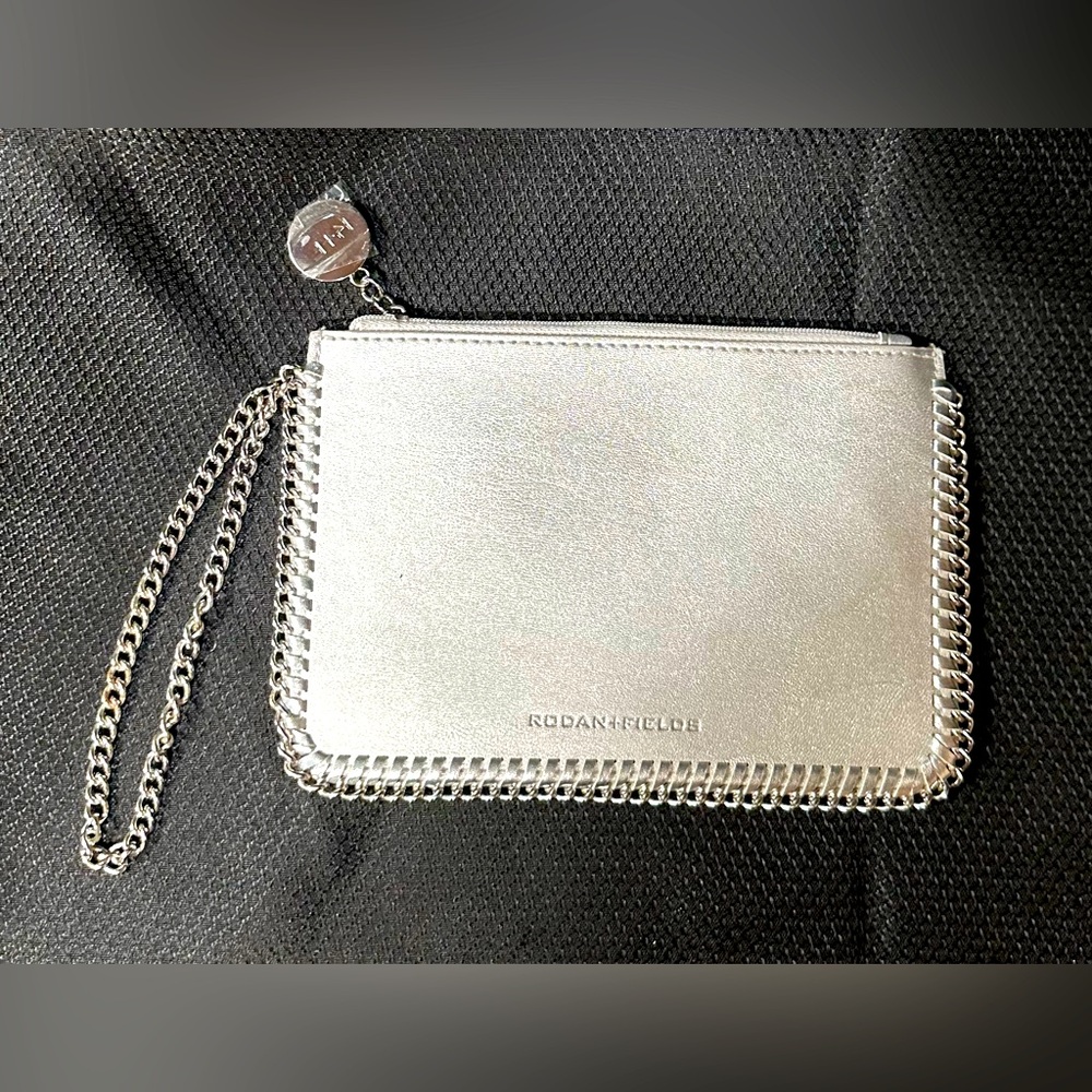 Rodan+Fields Silver Whipstitch Faux Leather Wristlet W/Chain Wrist Strap